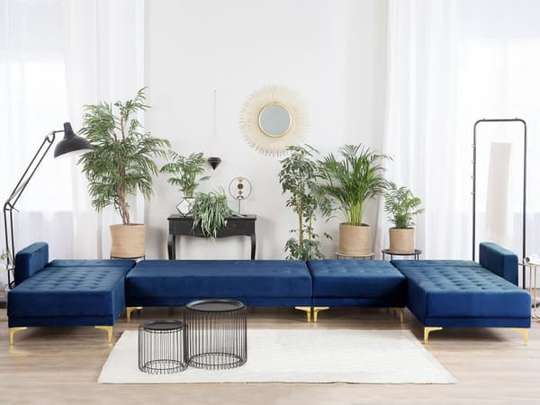 Sofa Chaiselong Blå Velour med Skumfyld og Guld Krom Metalben 6 personers U-formet Moderne Tuftet Klik Klak modul Sovefunktion Stueindretning