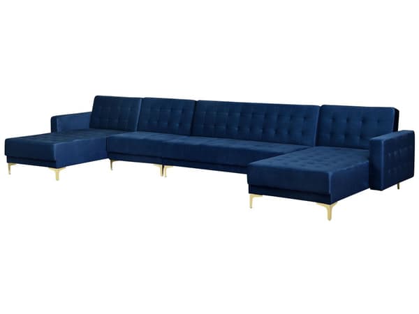 Sofa Chaiselong Blå Velour med Skumfyld og Guld Krom Metalben 6 personers U-formet Moderne Tuftet Klik Klak modul Sovefunktion Stueindretning
