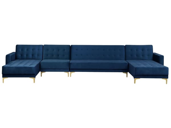 Sofa Chaiselong Blå Velour med Skumfyld og Guld Krom Metalben 6 personers U-formet Moderne Tuftet Klik Klak modul Sovefunktion Stueindretning
