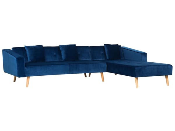 Højre hjørnesovesofa blå velour 4-personers 3 pyntepuder med sovefunktion skandinavisk stil