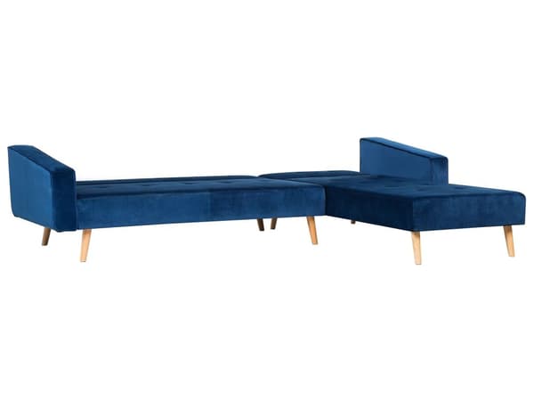 Højre hjørnesovesofa blå velour 4-personers 3 pyntepuder med sovefunktion skandinavisk stil