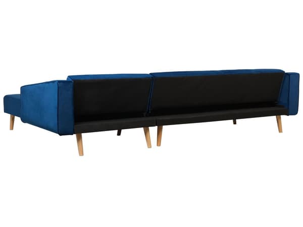 Højre hjørnesovesofa blå velour 4-personers 3 pyntepuder med sovefunktion skandinavisk stil