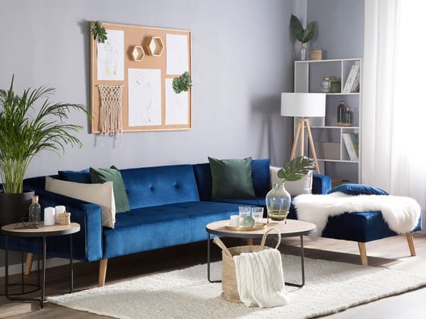 Højre hjørnesovesofa blå velour 4-personers 3 pyntepuder med sovefunktion skandinavisk stil