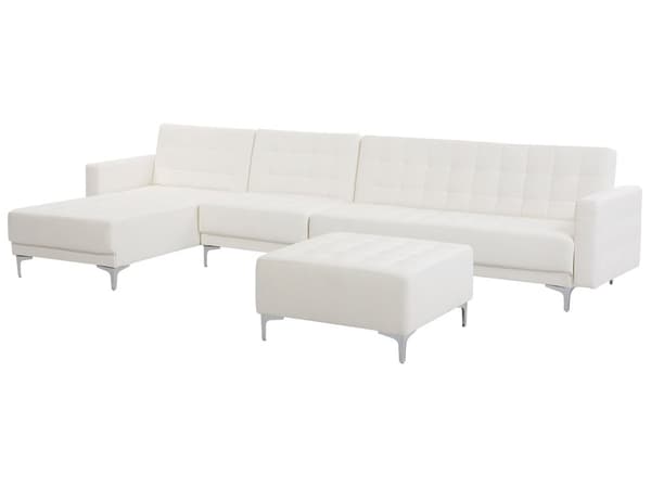 Hjørnesofa Hvid Kunstlæder med Skumfyld og Sølv Forkromet Metal Ben 5 personers Moderne tuftet L-formet fodskammel modulær med sovefunktion