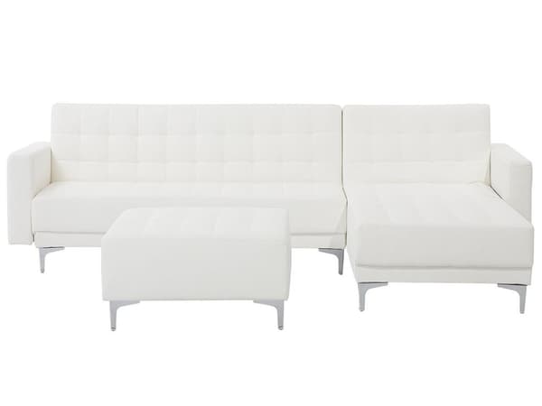 Hjørnesofa Chaiselong Hvid Kunstlæder med Skumfyld og Sølv Krom Metalben 4 personers Moderne L-formet modul Fodstøtte og Sovefunktion
