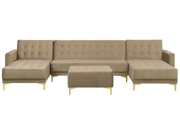 Sofa Beige Velour med Skumfyld og Guld Forkromet Metal 5 personers Moderne tuftet U-formet fodskammel modulær med sovefunktion gæstevenlig