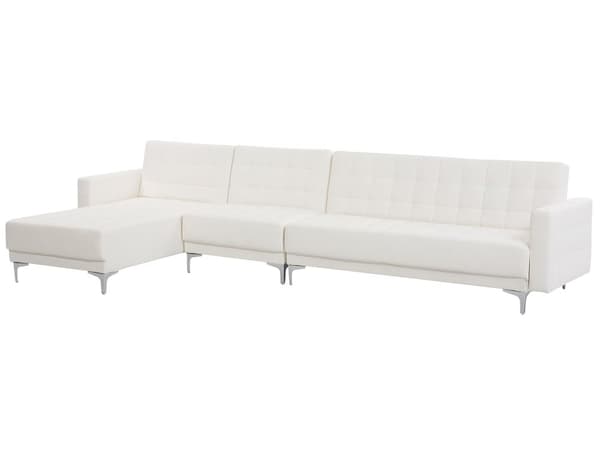 Hjørnesofa Chaiselong Hvid Kunstlæder med Skumfyld og Sølv Krom Metal Ben 5 personers Moderne L-formet modul Klik Klak med Sovefunktion