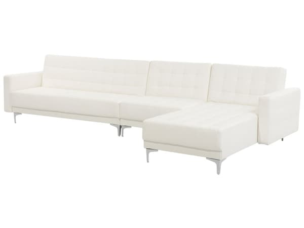 Hjørnesofa Chaiselong Hvid Kunstlæder med Skumfyld og Sølv Krom Metalben 5 personers Moderne L-formet modul Klik Klak med Sovefunktion