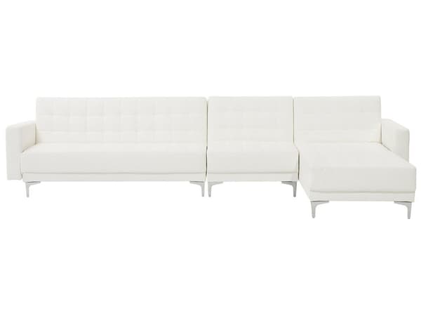 Hjørnesofa Chaiselong Hvid Kunstlæder med Skumfyld og Sølv Krom Metalben 5 personers Moderne L-formet modul Klik Klak med Sovefunktion