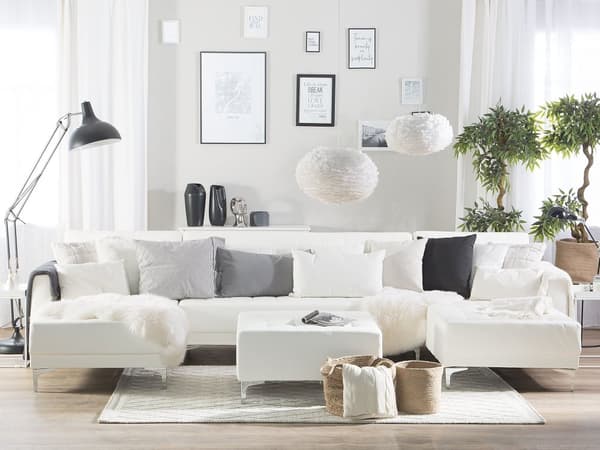Sofa Hvid Kunstlæder med Skumfyld og Sølv Forkromet Metal Ben 5 personers Moderne tuftet U-formet fodskammel modulær med sovefunktion