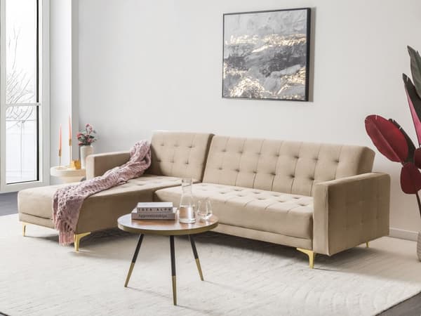 Hjørnesofa Beige Velour Skumfyld og Guld Forkromet Metal 4 personers Moderne tuftet L-formet klik klak modulær med sovefunktion gæstevenlig