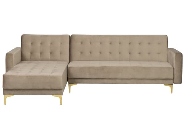 Hjørnesofa Beige Velour Skumfyld og Guld Forkromet Metal 4 personers Moderne tuftet L-formet klik klak modulær med sovefunktion gæstevenlig
