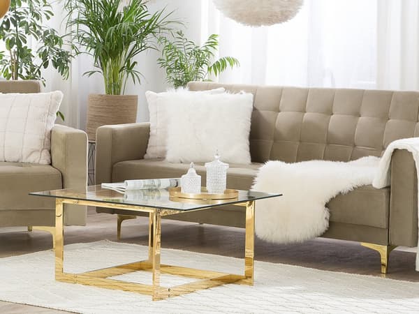 Sofa Beige Velour med Skumfyld og Guld Forkromet Metal 3 personers Moderne tuftet klik klak modulær med sovefunktion gæstevenlig