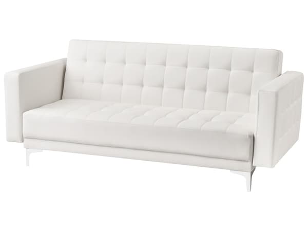 Sofa Hvid Kunstlæder med Skumfyld og Sølv Krom Metal Ben 3 Personers Moderne Klassisk Tuftet Klik Klak med Ligge- og Sovefunktion