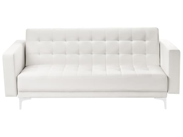 Sofa Hvid Kunstlæder med Skumfyld og Sølv Krom Metal Ben 3 Personers Moderne Klassisk Tuftet Klik Klak med Ligge- og Sovefunktion