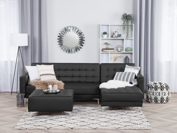 Hörnbäddsoffa Svart Konstläder Tuftad Modern L-formad Modulär 4-sits med Fotpall Vänstervänd Schäslong