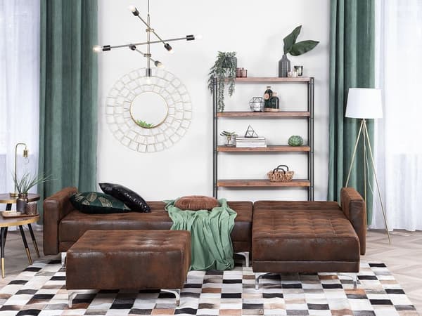Hörnbäddsoffa Brun Konstläder Tuftad Modern L-formad Modulär 4-sits med Fotpall Vänstervänd Schäslong