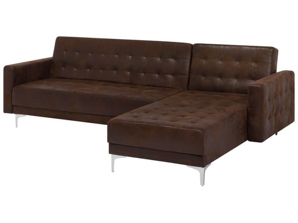 Hörnbäddsoffa Brun Konstläder Tuftad Modern L-formad Modulär 4-sits med Fotpall Vänstervänd Schäslong