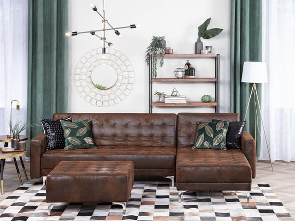 Hörnbäddsoffa Brun Konstläder Tuftad Modern L-formad Modulär 4-sits med Fotpall Vänstervänd Schäslong