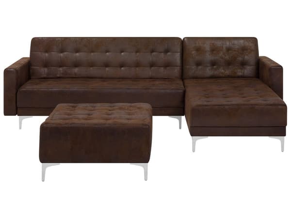 Hörnbäddsoffa Brun Konstläder Tuftad Modern L-formad Modulär 4-sits med Fotpall Vänstervänd Schäslong