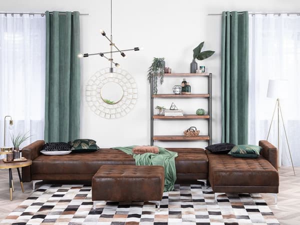 Hörnbäddsoffa Brun Konstläder Tuftad Modern L-formad Modulär 5-sits med Fotpall Vänstervänd Schäslong