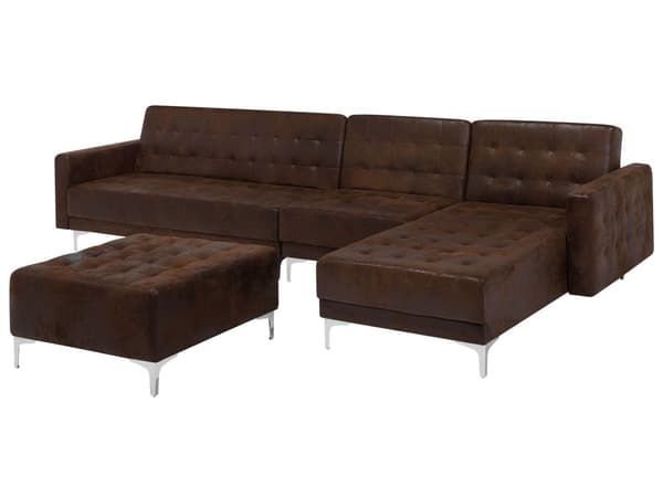 Hörnbäddsoffa Brun Konstläder Tuftad Modern L-formad Modulär 5-sits med Fotpall Vänstervänd Schäslong