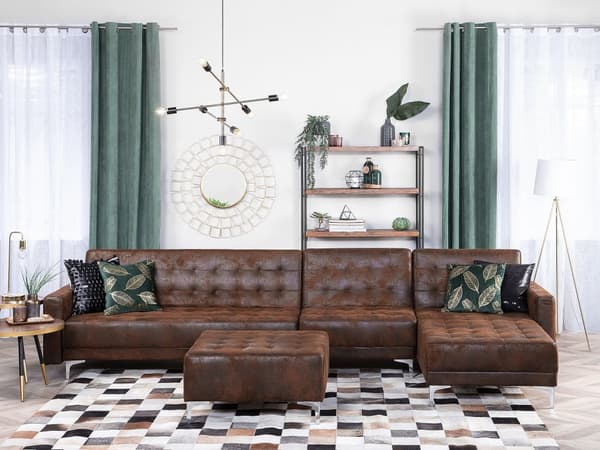 Hörnbäddsoffa Brun Konstläder Tuftad Modern L-formad Modulär 5-sits med Fotpall Vänstervänd Schäslong