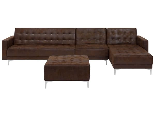Hörnbäddsoffa Brun Konstläder Tuftad Modern L-formad Modulär 5-sits med Fotpall Vänstervänd Schäslong