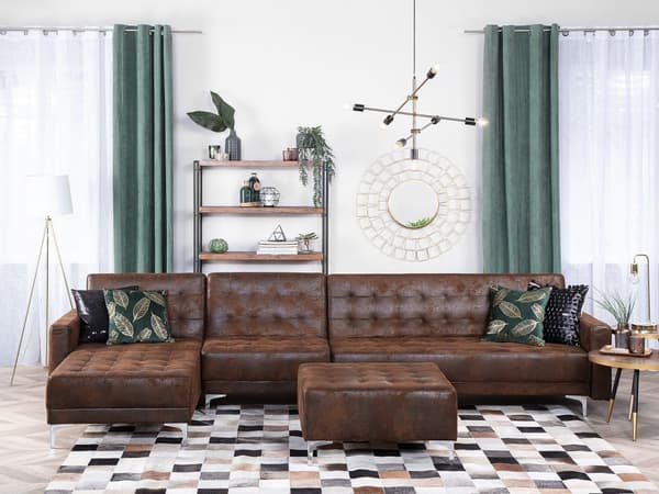 5-sits Högervänd Hörnbäddsoffa Brun Konstläder L-formad Modern