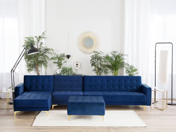 Hörnbäddsoffa med Fotpall Marinblå Sammet Tuftad Modern L-formad Modulär 5-sits Högervänd Schäslong