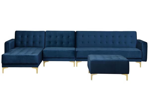 Hörnbäddsoffa med Fotpall Marinblå Sammet Tuftad Modern L-formad Modulär 5-sits Högervänd Schäslong