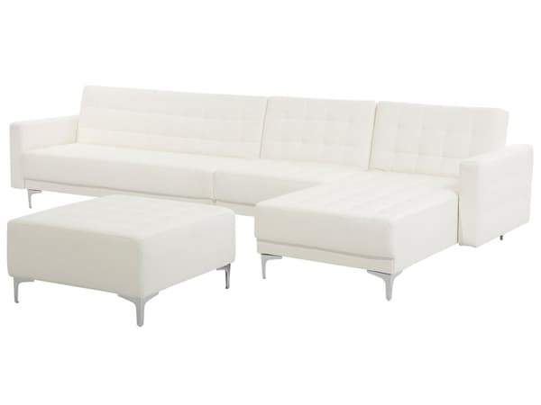 Hörnbäddsoffa Vit Konstläder Tuftad Modern L-formad Modulär 5-sits med Fotpall Vänstervänd Schäslong