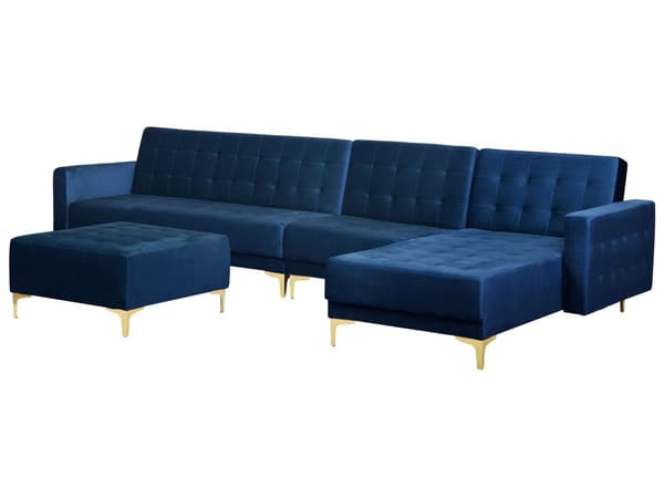 Hörnbäddsoffa med Fotpall Marinblå Sammet Tuftad Modern L-formad Modulär 5-sits Vänstervänd Schäslong
