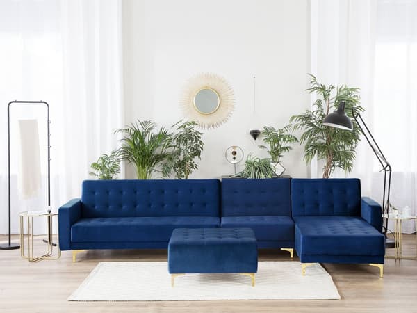 Hörnbäddsoffa med Fotpall Marinblå Sammet Tuftad Modern L-formad Modulär 5-sits Vänstervänd Schäslong