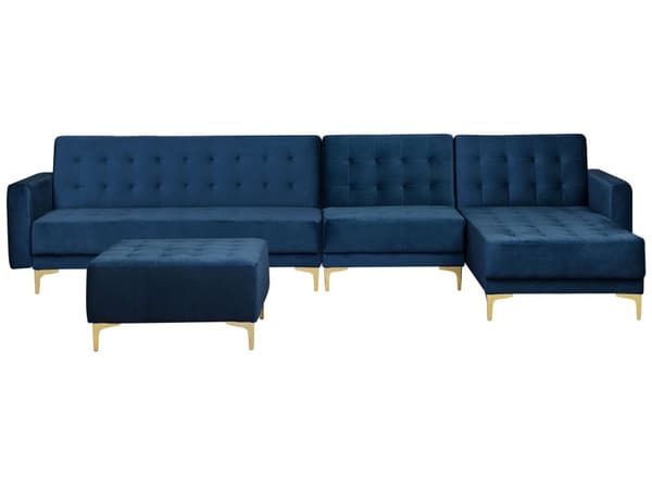 Hörnbäddsoffa med Fotpall Marinblå Sammet Tuftad Modern L-formad Modulär 5-sits Vänstervänd Schäslong