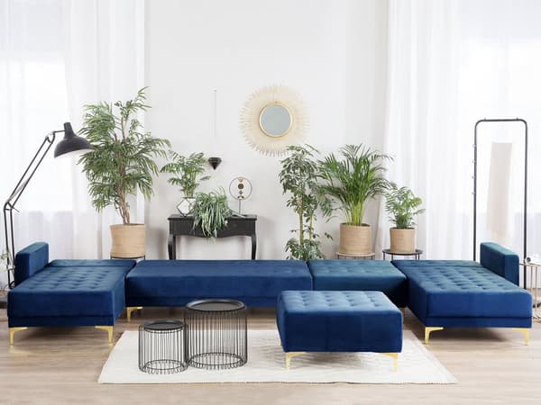 Hörnbäddsoffa Marinblå Sammet Modern U-formad Modulär 6-sits med Fotpall