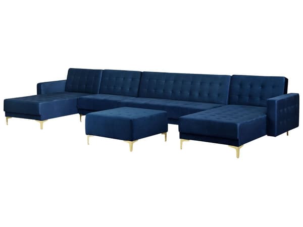Hörnbäddsoffa Marinblå Sammet Modern U-formad Modulär 6-sits med Fotpall