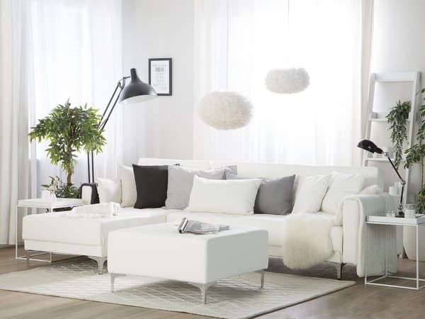Hörnbäddsoffa Vit Konstläder Tuftad Modern L-formad Modulär 4-sits med Fotpall Högervänd Schäslong