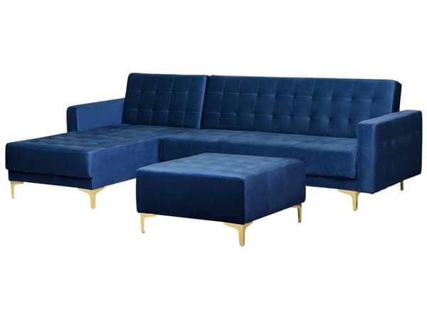 Hörnbäddsoffa Marinblå Sammet Tuftad Modern L-formad Modulär 4-sits med Fotpall Högervänd Schäslong