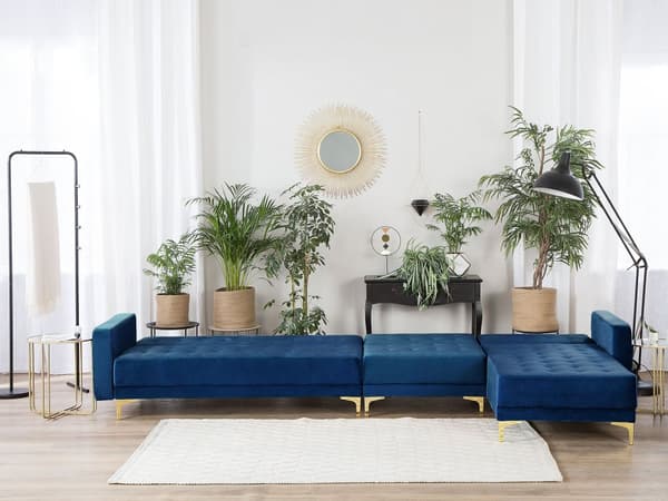 Hörnbäddsoffa Marinblå Sammet Tuftad Modern L-formad Modulär 5-sits Vänstervänd Schäslong