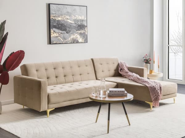 Hörnbäddsoffa Sandbeige Sammet Tuftad Modern L-formad Modulär 4-sits Vänstervänd Schäslong