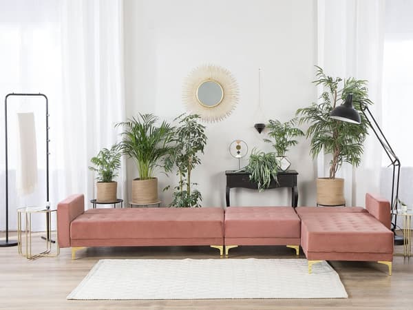 Hörnbäddsoffa Rosa Sammet Tuftad Modern L-formad Modulär 5-sits Vänstervänd Schäslong