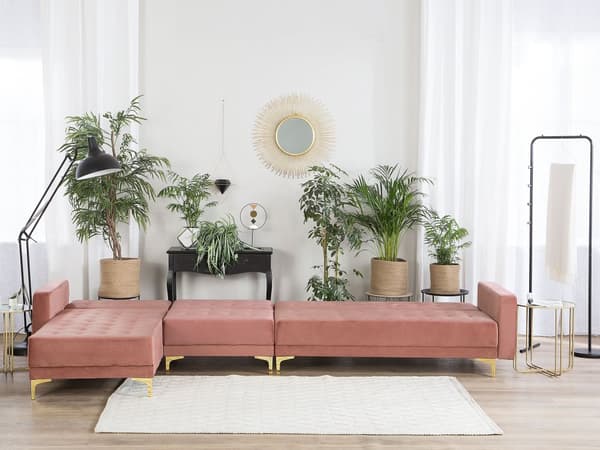 Hörnbäddsoffa Rosa Sammet Tuftad Modern L-formad Modulär 5-sits Högervänd Schäslong
