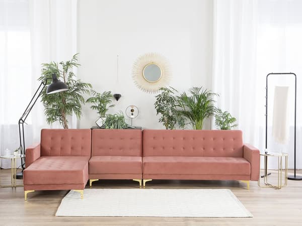Hörnbäddsoffa Rosa Sammet Tuftad Modern L-formad Modulär 5-sits Högervänd Schäslong