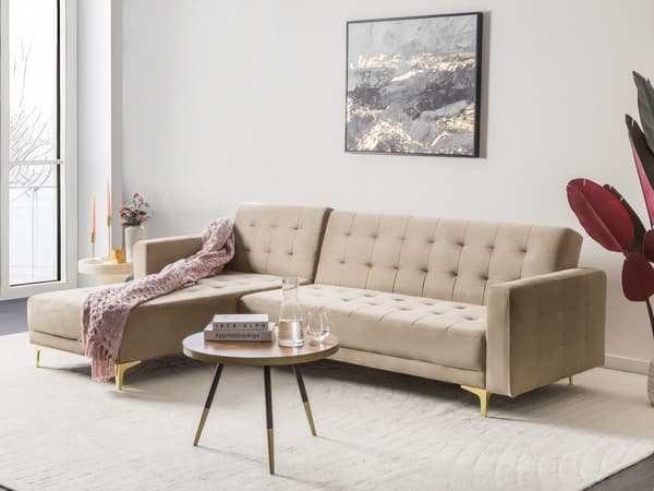 Hörnbäddsoffa Sandbeige Sammet Tuftad Modern L-formad Modulär 4-sits Högervänd Schäslong
