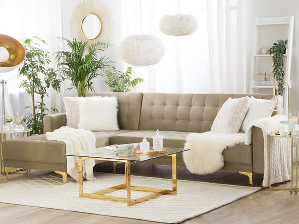 Hörnbäddsoffa Sandbeige Sammet Tuftad Modern L-formad Modulär 4-sits Högervänd Schäslong