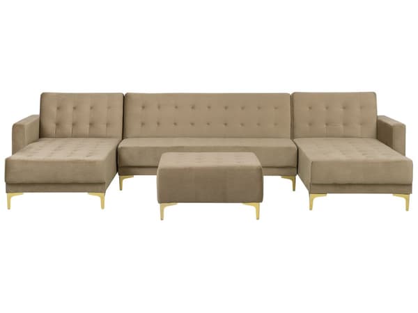 Hörnbäddsoffa Sandbeige Sammet Modern U-formad Modulär 5-sits med Fotpall