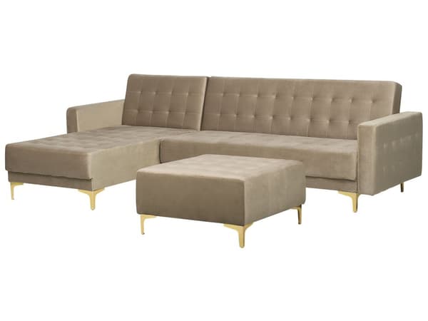 Hörnbäddsoffa Sandbeige Sammet Tuftad Modern L-formad Modulär 4-sits med Fotpall Högervänd Schäslong