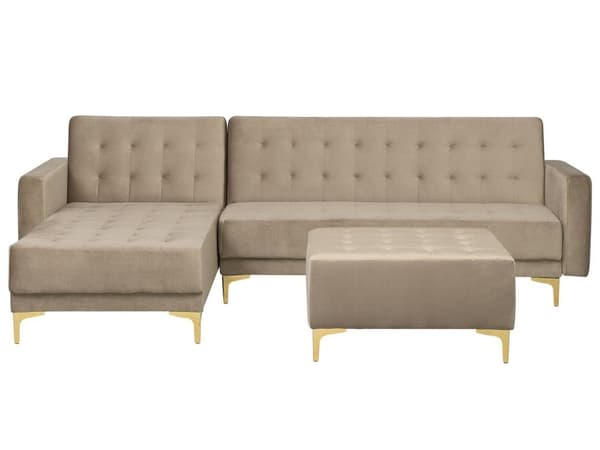 Hörnbäddsoffa Sandbeige Sammet Tuftad Modern L-formad Modulär 4-sits med Fotpall Högervänd Schäslong