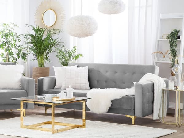 Bäddsoffa Grå Sammet Tuftad Modern Vardagsrum Modulär 3-sits Silver Ben